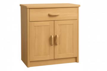 Wooden cabinet with drawer and two doors for storage, light wood furniture on transparent background