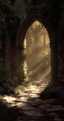 Obraz premium Sunlight streams through an ancient archway into a mystical forest