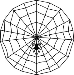 Obraz premium A minimalist black and white vector illustration of a spider meticulously centered on its intricate and symmetrical circular web, isolated on a white background