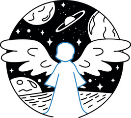 Celestial Guardian A Serene Angel Amidst a Cosmic Realm of Planets Stars and Serene Landscapes A Symbol of Hope and Protection