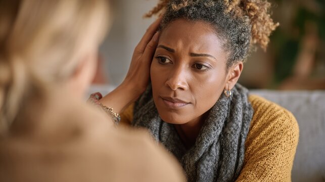 Emotional assistance and psychological well being an African American woman aiding a coworker in a tough time encouraging words or guidance interaction between patient and therapist s