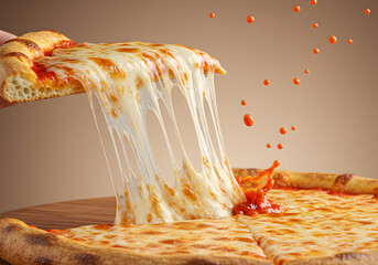 Pizza slice with melted cheese and tomato sauce