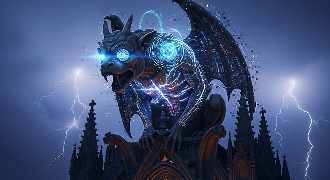 Gargoyle Guardian - A Stone Sentinel Amidst Electric Storms and Gothic Majesty.