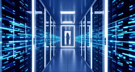 Futuristic server room corridor with glowing blue lights and data streams emanating from server racks, symbolizing digital information flow animated 4k video - Powered by Adobe