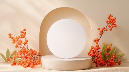 Clean Minimalist Composition Featuring Greeting Card, Decorative Berries, And Elegant Platform