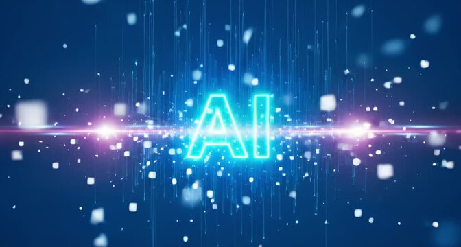 Bright blue ai logo illuminated by light streaks and particles, symbolizing artificial intelligence and digital transformation animated 4k video