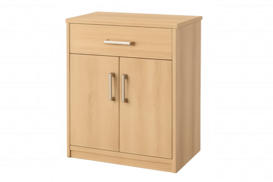 Wooden cabinet with drawer and two doors, furnishing storage solution for home or office, transparent background