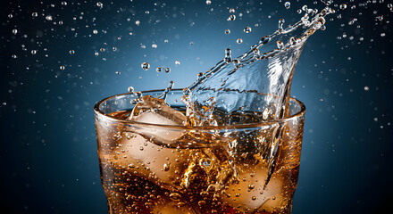 Refreshing beverage with ice splash against a blue background