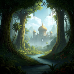 Scenic view of a fantastic palace surrounded by lush vegetation