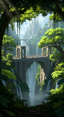 Scenic landscape with stone bridge and waterfalls