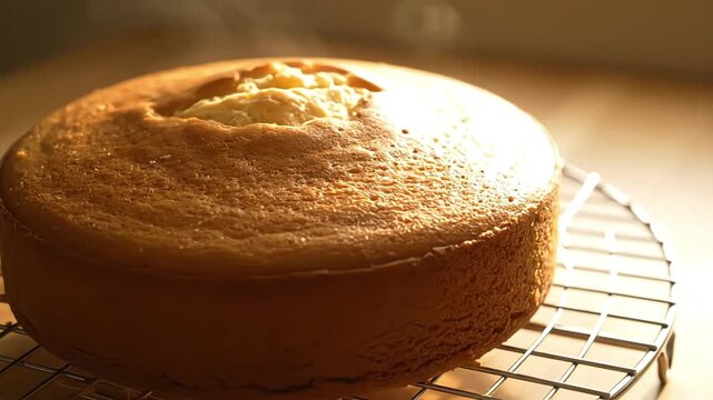 Freshly baked cake cooling on a wire rack in warm light creating a cozy atmosphere
