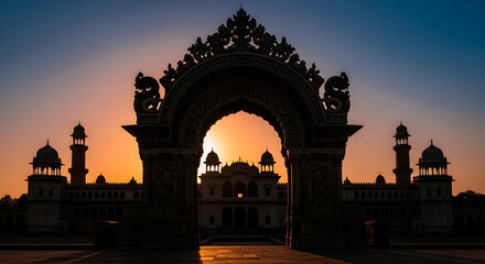Silhouette of ornate archway at sunset