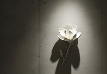 Single white flower illuminated by spotlight