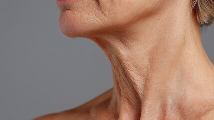 Depict sagging neck skin wrinkles cellulite and loose tissue in a woman s chin emphasizing health and beauty care