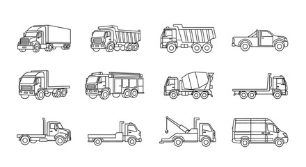 Collection of hand drawn truck illustrations in black and white outline style