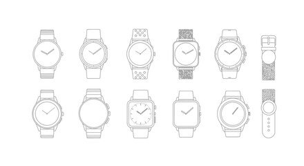 Collection of hand drawn vintage and modern wristwatches in black and white sketch style