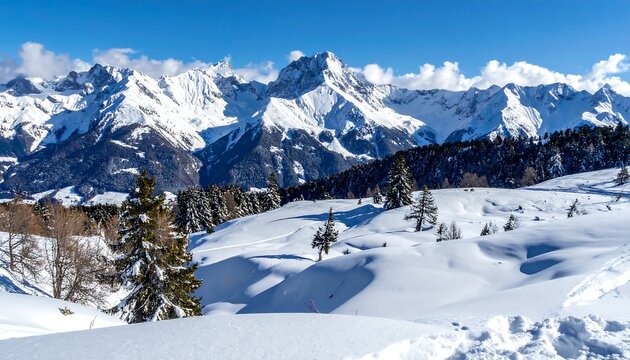 Snow-covered mountains rise above a snowy field and evergreen trees