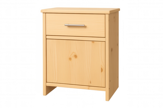 Wooden nightstand furnishing bedroom or living room, providing storage with a drawer and cabinet, transparent background