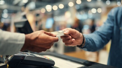 Person handing credit card to merchant at checkout counter in store  