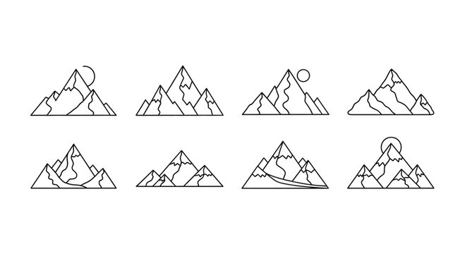 Collection of hand drawn mountain peaks in outline style