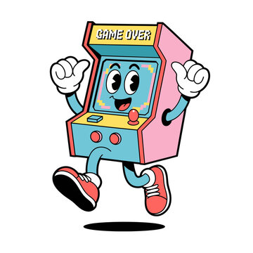 retro arcade machine mascot, game over screen, energetic running pose, nostalgic gaming culture, entertainment sticker, colorful vector illustration
