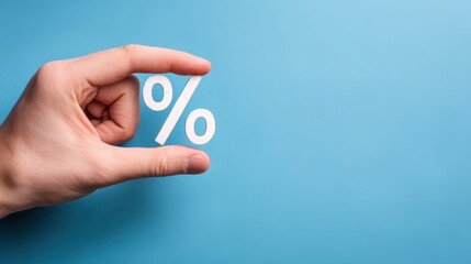 Person grasping a percentage symbol against a blank blue backdrop representing business finance or discounts