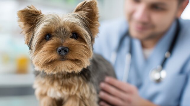 Image of a veterinarian and his appealing assistant at a clinic examining a small Yorkshire Terrier