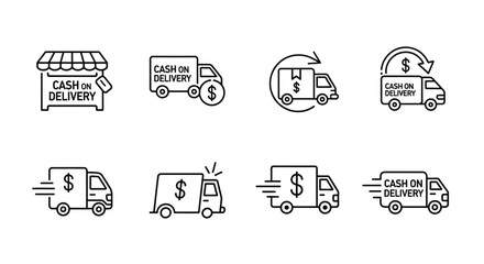 Set of hand drawn delivery truck and store icons for shipping and logistics