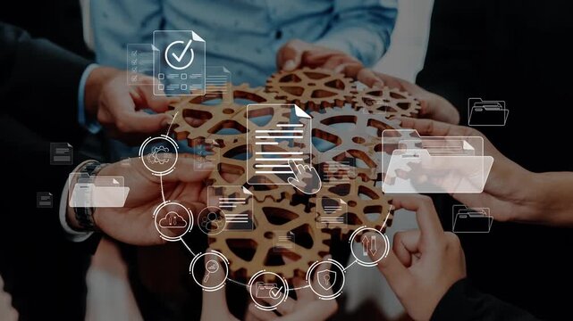 Group of diverse hands working together around an intricate wooden gear, symbolizing collaboration and innovation in modern business practices with digital icons. Raster