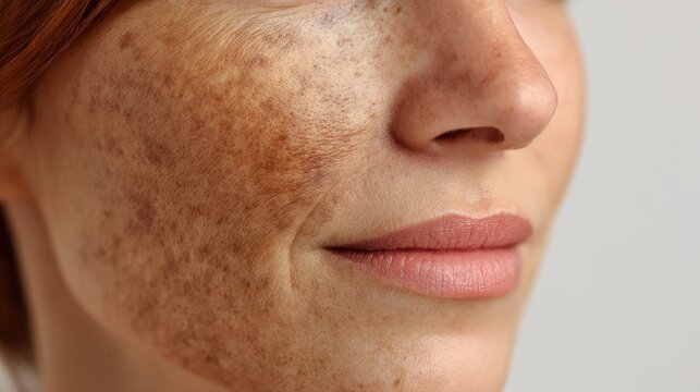 Close up of female facial hyperpigmentation on a white background comparing before and after acid peel and cosmetic treatment in dermatology