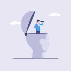 Business Leader Vision, Curiosity. Man using binoculars. Looking for new opportunities add knowledge or the strategy or organization. Head and a man with binoculars goal search. Flat illustration