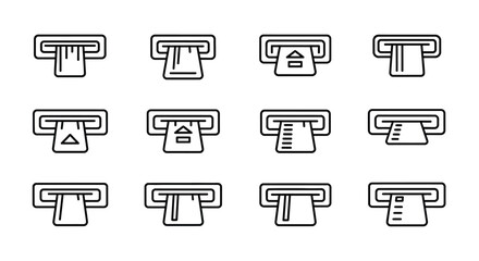 Set of twelve line art icons representing atm card insertion slots