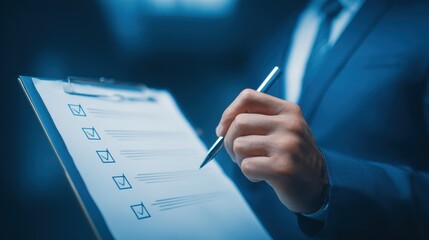 Entrepreneur reviewing a checklist of regulations practices policies procedures and company terms