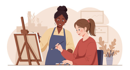 Art Lesson: Teacher Guiding Student in Painting Studio