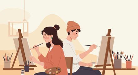 Two Artists Painting on Canvases in a Studio Setting