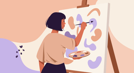 Woman Painting Abstract Shapes on Canvas with Brush and Palette