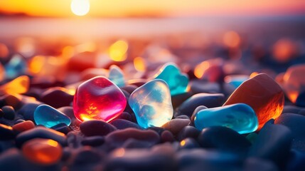 Colorful stones on the beach glowing with colorful light