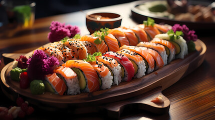 colorful sushi rolls on a traditional