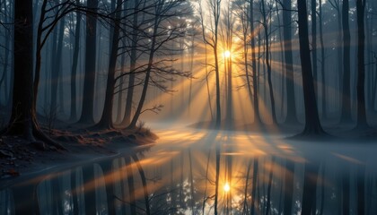 Mystical sunrise in a misty forest, with golden light piercing through bare trees and reflecting on tranquil water.