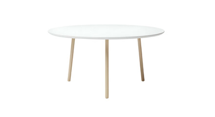 Round, white table with thin wooden legs, centered on black