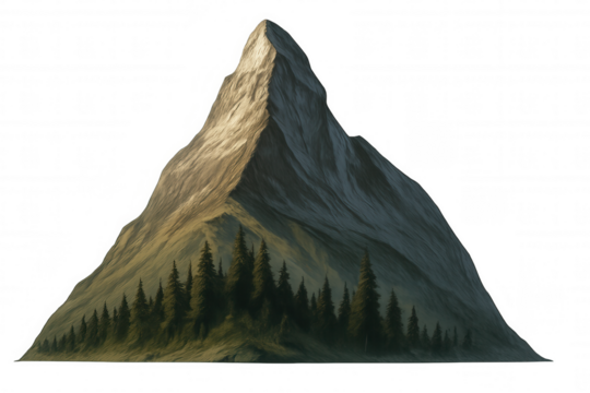 Alpine mountain with high peak and evergreen forest, showing a rugged natural landscape on transparent background