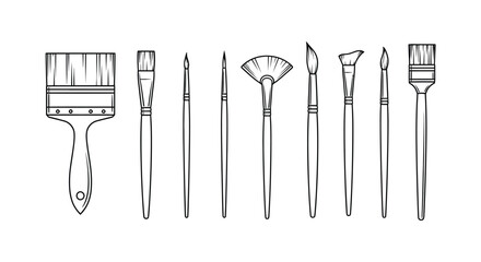 Collection of artistic drawing and painting tools in a clean line art style