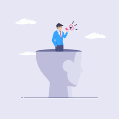 A businessman in a human head shouts into a megaphone. Loudspeaker. Hand with megaphone from a human head. Marketing. Concept business. Vector illustration