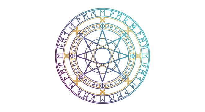A mystical magic circle with a seven-pointed star and ancient runic inscriptions.