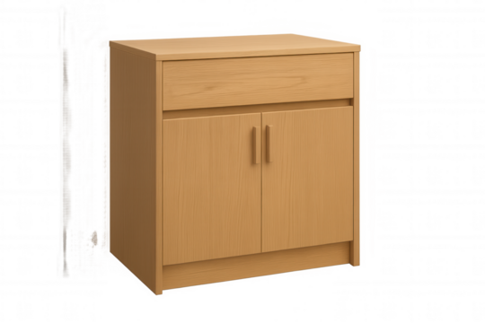 Wooden storage cabinet with top drawer and two doors, modern furniture for home or office, transparent background