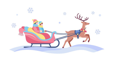 Fototapeta premium A cheerful illustration of a reindeer pulling a sleigh with two bundled-up people through a snowy winter landscape with falling snowflakes.