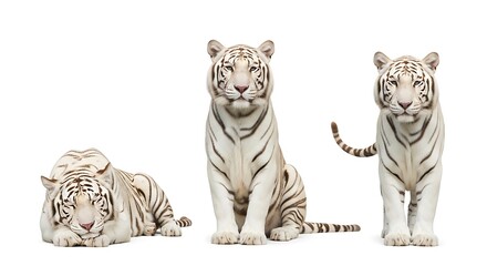 Obraz premium Three White Tigers Posed on a White Background.
