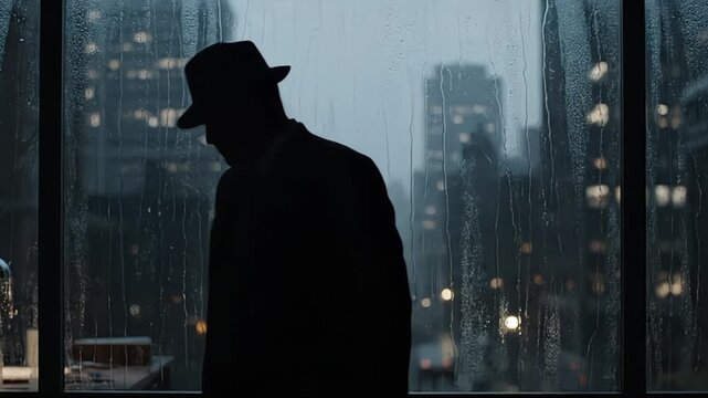 Silhouette of a contemplative man in a hat stands by a rain-streaked window at night