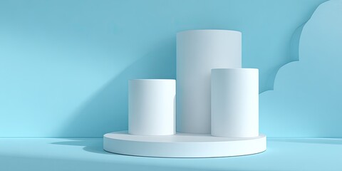 Minimalist display podiums in a light blue studio setting
