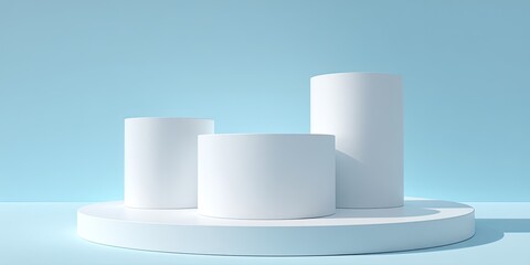 Three white cylinders on a light blue platform